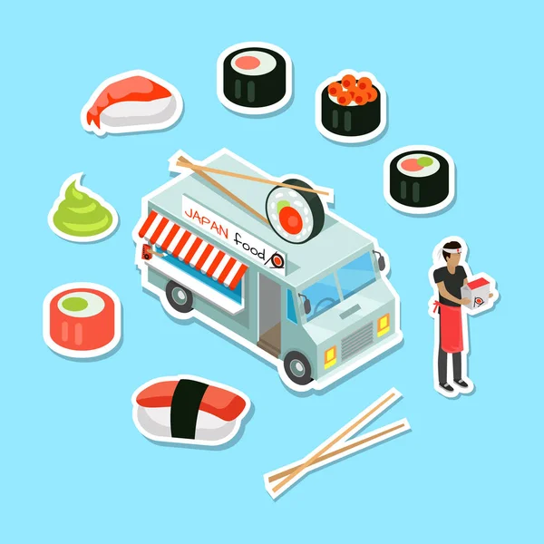 Jepang Food Street Eatery in Isometric Projection - Stok Vektor