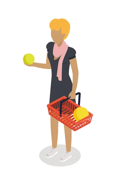 Mujer con cesta Comprar productos diarios Vector — Archivo Imágenes Vectoriales