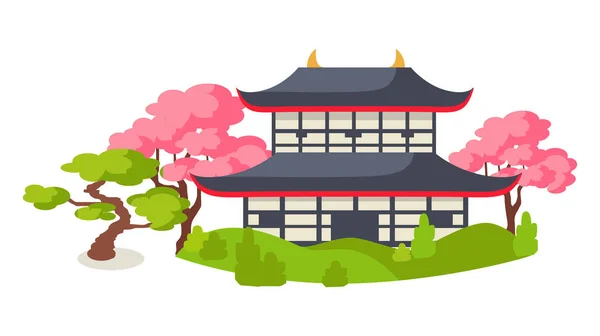 Pagoda japonesa en flor de cerezo Vector plano — Vector de stock