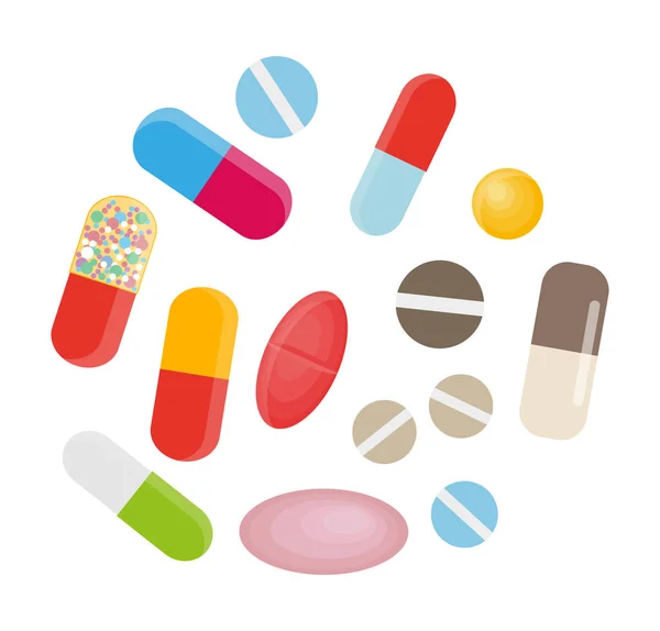 Comprimidos e Cápsulas Coloridas. Vetor de conjunto médico grande —  Vetores de Stock