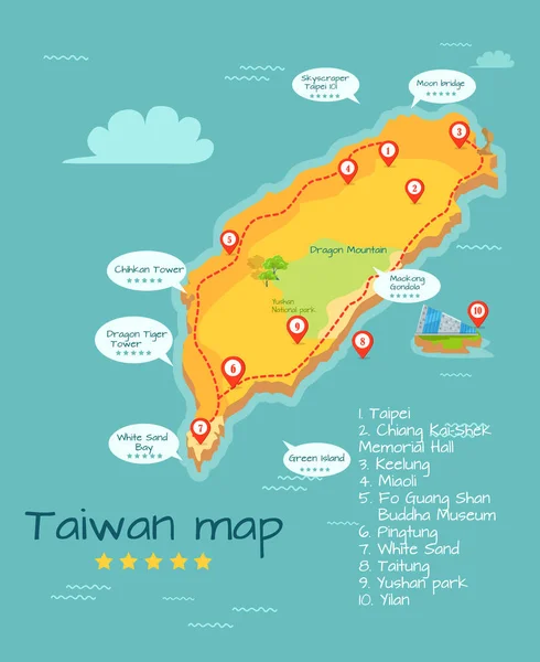 Мультфільм Тайвань карта з відомими місцями ілюстрація — стоковий вектор