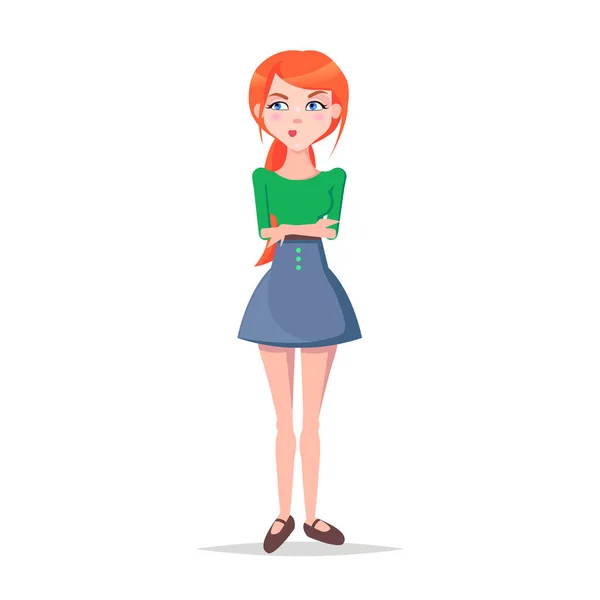 Skeptic Young Woman Cartoon Flat Vector Character — Stock Vector