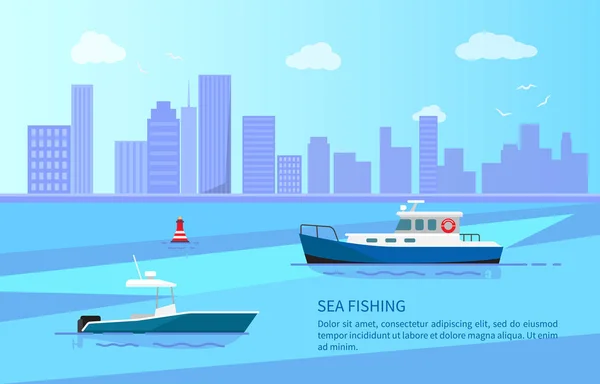 Pêche en mer sur les bateaux à moteur près de Long Coast Line — Image vectorielle