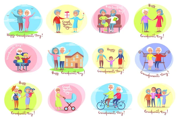 Grandparents Day Set of Posters, Daily Activities — Stock Vector