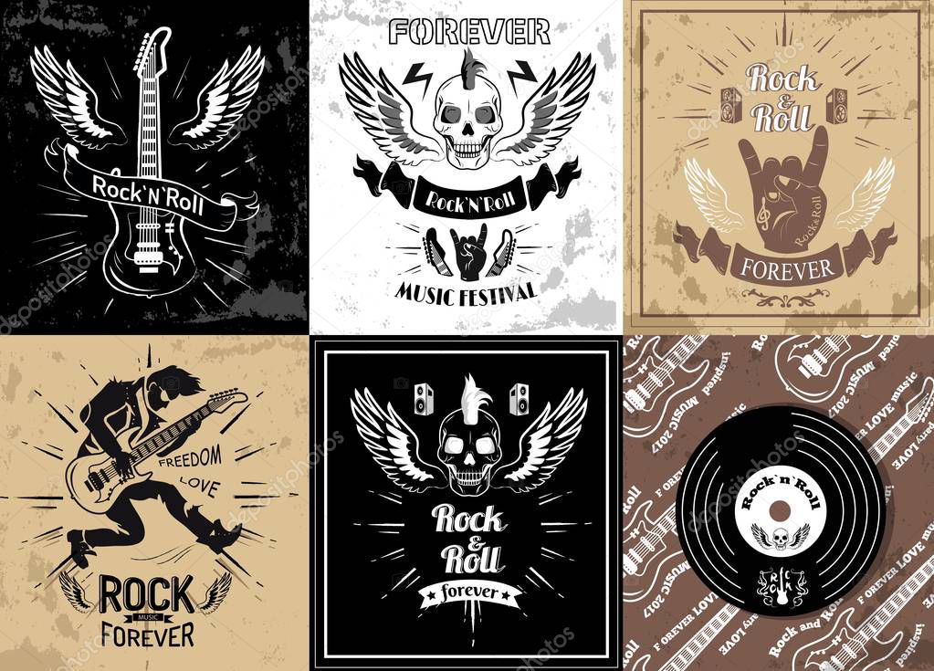 Rock and roll forever logotype sketches set vector illustration. Symbols of heavy metal music in retro style, skull and guitar, tattoo designs
