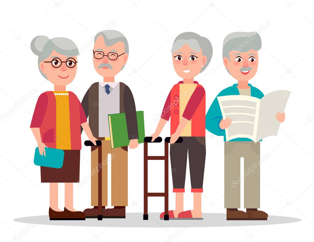 Cute Elderly Couples with Books and Newspaper