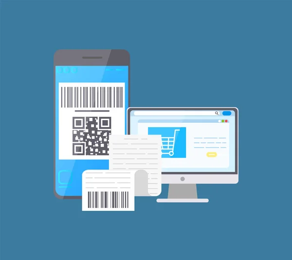 Codice a barre sul telefono cellulare e laptop Shopping Bill — Vettoriale Stock