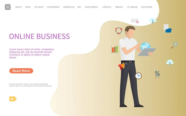 Affiche Web d'affaires en ligne, Homme travaillant dans le monde entier — Image vectorielle
