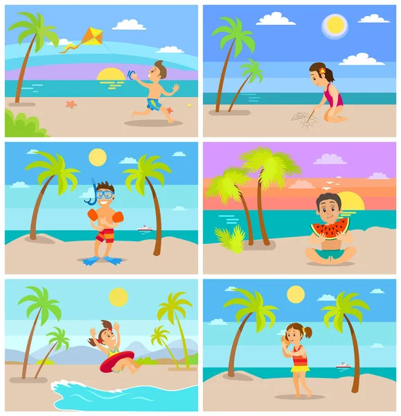 Καλοκαίρι παιδιά στις διακοπές, καλοκαιρινή παραλία — Διανυσματικό Αρχείο