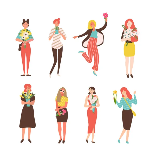 Женщины с счастливыми лицами, люди с цветами — стоковый вектор
