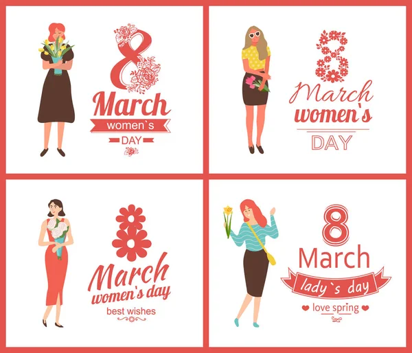 8. März Gruß zum Frauentag, Damen mit Blumensträußen — Stockvektor