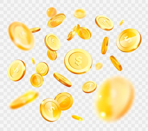 Denaro Monete d'oro Cadendo alba, Set di centesimi sfocati — Vettoriale Stock