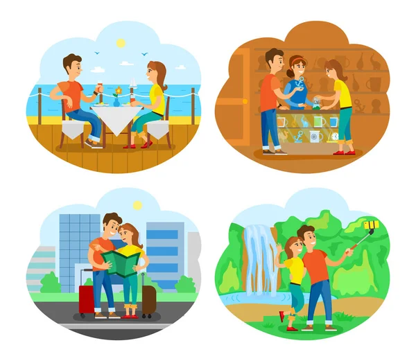 Couple voyageant ensemble, personnes en vacances — Image vectorielle