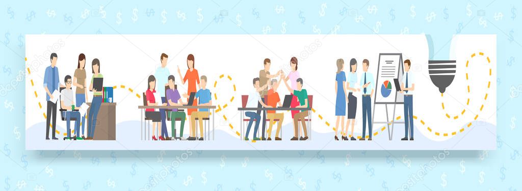 Team work together with new idea for business concept. Men and woman building teamwork and cooperation for creative design. Group of people do communication on brainstorming. Training partnership