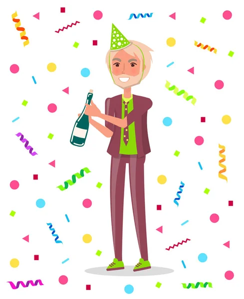 Hombre de traje y gorra festiva, botella de champán — Vector de stock