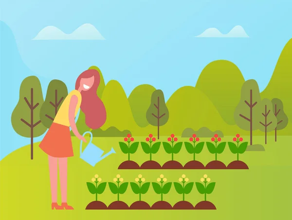 Femme Souriant et arrosant Végétaux Agriculture — Image vectorielle