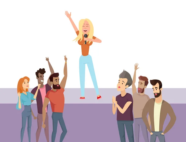 Girl Singing on Stage with Group of People Vector — Stock Vector
