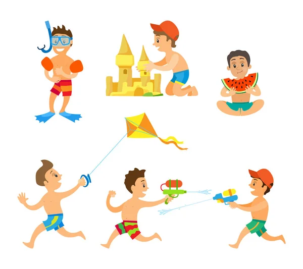 Garçon jouant à des jeux, activité estivale sur le vecteur de plage — Image vectorielle
