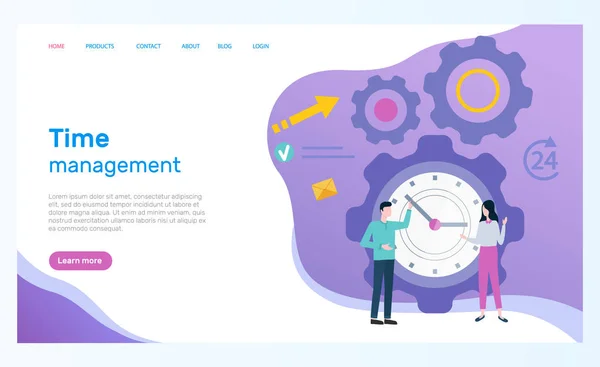 Page Web de gestion du temps, employés de bureau et horloge — Image vectorielle