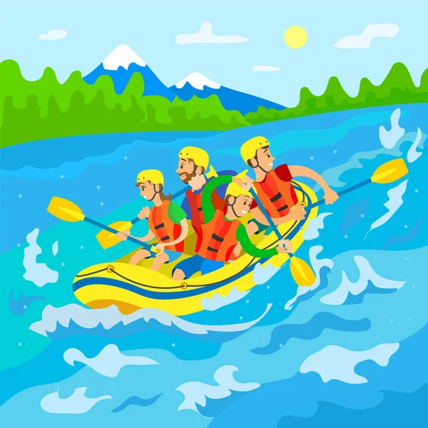 Travelers in Boat, River Rafting, Wild Nature — Stock Vector