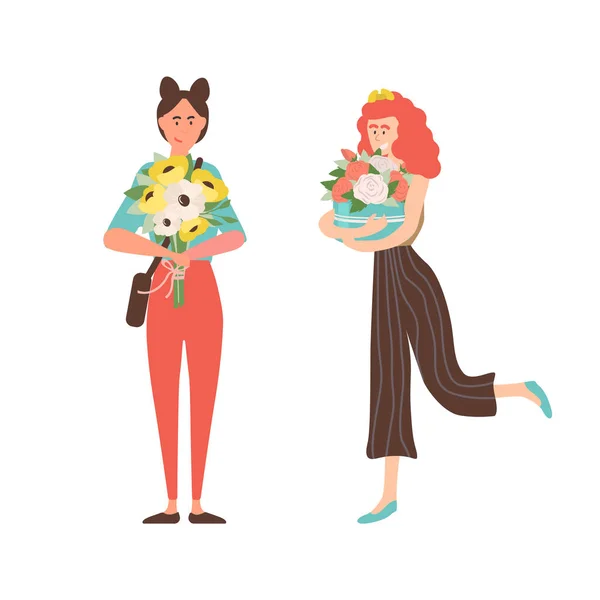 Vector de estilo de dibujos animados plano de mujeres felices con flores — Vector de stock