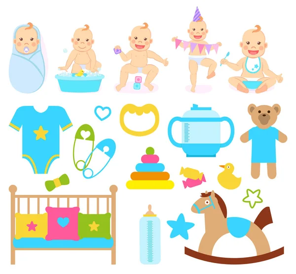 Bebé y niños cuidando objetos, cuna y juguetes — Archivo Imágenes Vectoriales