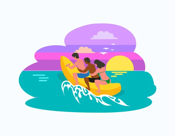 Man and Woman Sitting on Inflatable Banana Boat — Stock Vector