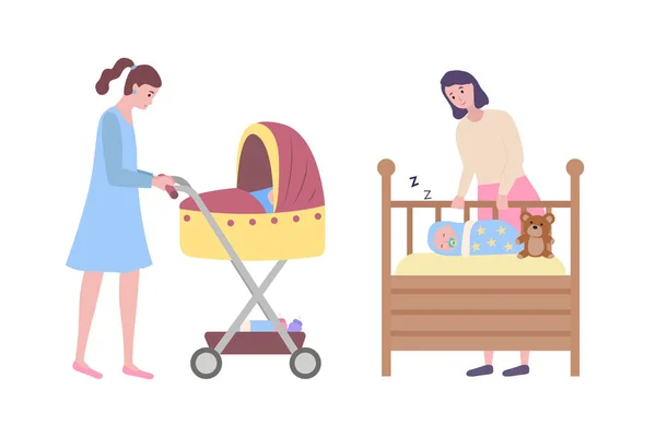 Женщина, идущая с коляской, колыбелью и ребенком — стоковый вектор
