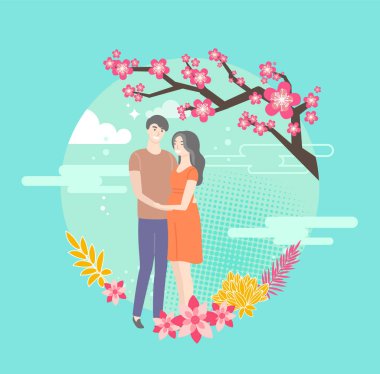 Sakura çiçeği ve sarılma genç aşıklar