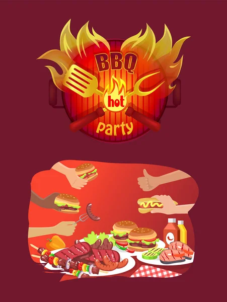 BBQ Party Logo in Flame and Grill Food in Hands — Stock Vector