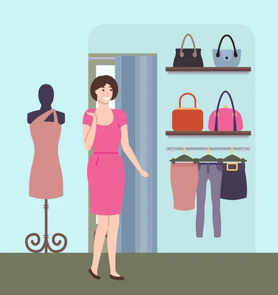 Het kiezen van kleding, winkelen in Boutique Vector meisje — Stockvector