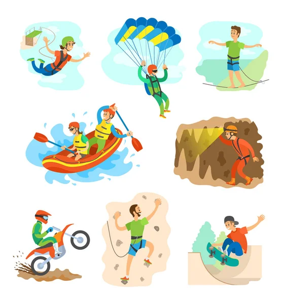 Extreme Sports, Bungee Jumping and Rafting in Boat — Stock Illustration Extreme Sports, Bungee Jumping and Rafting in Boat Vector Graphics