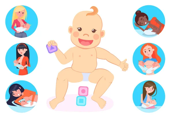 Bebé jugando con cubos y madres conjunto maternidad — Archivo Imágenes Vectoriales