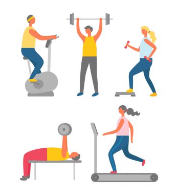 Spor salonu fitness ekipmanları kullanarak vücut geliştiriciler vektör