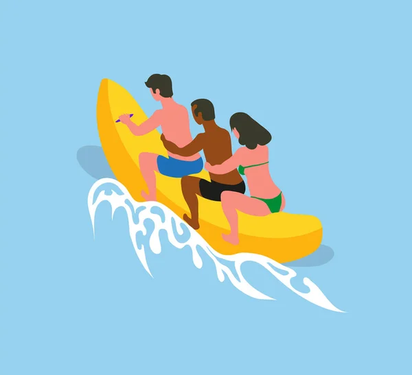 Водні розваги Люди катаються на банановому човні влітку — стоковий вектор