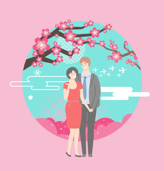 Couple romantique debout sous fleur de cerisier — Image vectorielle