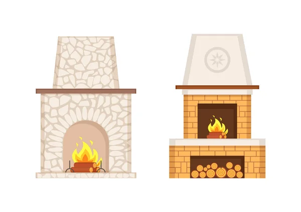 炎と燃えるログのアイコンが設定した暖炉 — ストックベクタ