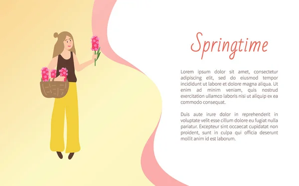 Chica y flor, Mujer con flores cesta Vector — Archivo Imágenes Vectoriales