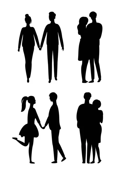 People Silhouettes Isolated Young Couple in Love — Stock Vector