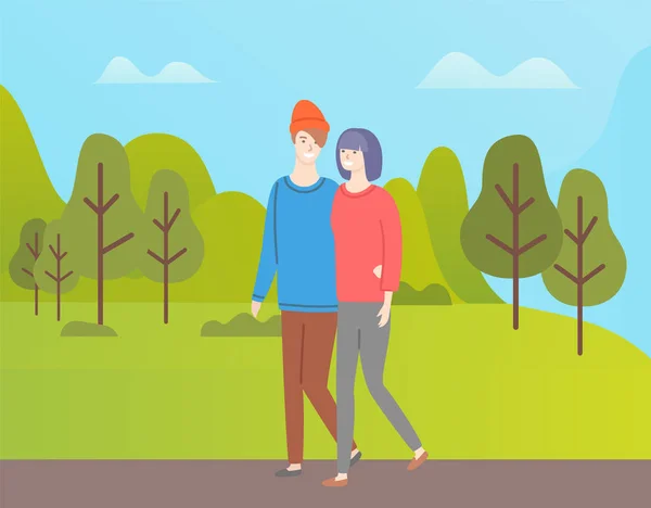 Άνθρωπος και γυναίκα περπάτημα ζευγάρι, δάσος άνοιξη — Διανυσματικό Αρχείο