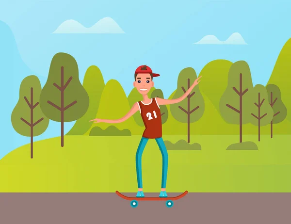 Skating Boy Outdoor, Mountain Landscape Vector - Stok Vektor