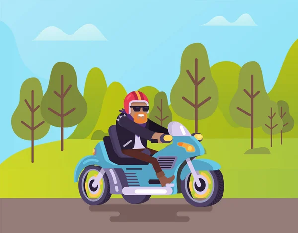 Biker Riding Road Uomo che indossa il casco sulla moto — Vettoriale Stock