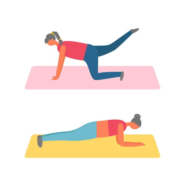 Fitness eğitim ve spor, mat üzerinde Plank kızlar — Stok Vektör