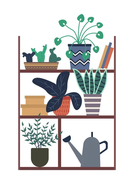 Plantas domésticas de pie sobre un estante con libros y cajas — Vector de stock