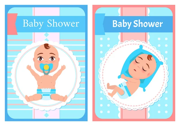 Cartazes do chuveiro do bebê conjunto recém-nascido dormindo, chupeta —  Vetores de Stock