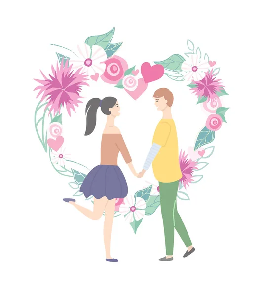 Casal feliz e coração com flores, amor Vector — Vetor de Stock