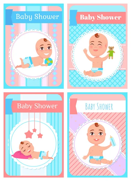 Gülümseyen yenidoğan karakter, bebek duş kartı vector — Stok Vektör