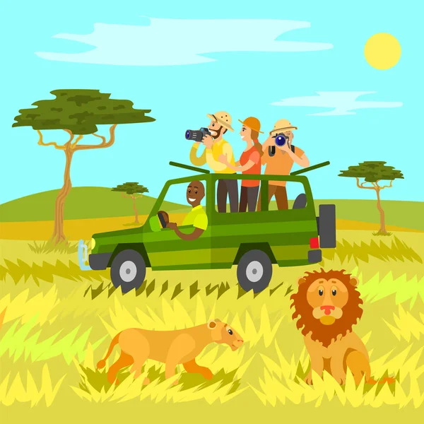 Safari Tourism v Africe, zvířatech a divoké přírodě — Stockový vektor