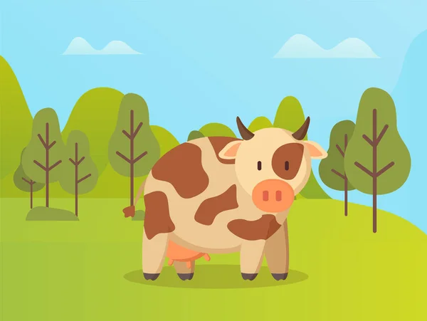 Vaca manchada de pie sobre hierba verde Vector Animal — Vector de stock