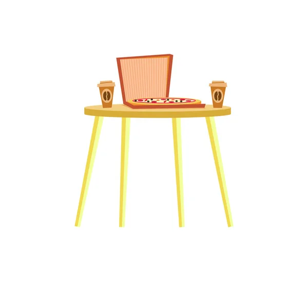 Mesa Amarilla, Pizza y Tazas de Café Vector — Vector de stock